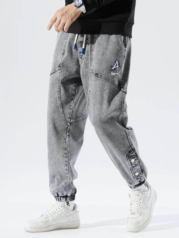 Spring and autumn plus size pocket jeans mens hip-hop streetwear harem pants fashionable embroidery elastic cotton casual jogging jeans 8XL 240829