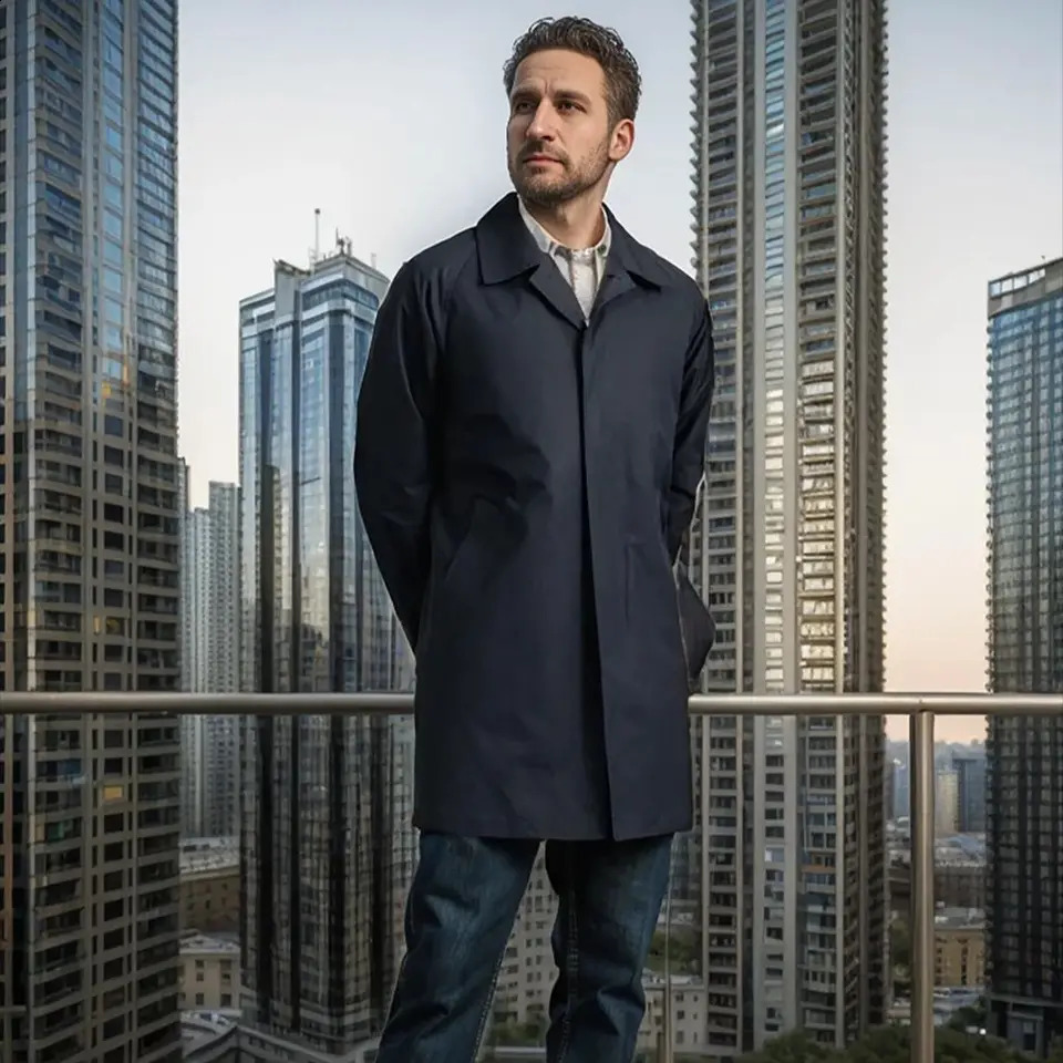 mens windproof spring and automatic solid color mens long sleeved lapel coat single-layer casual long thin coat 240829