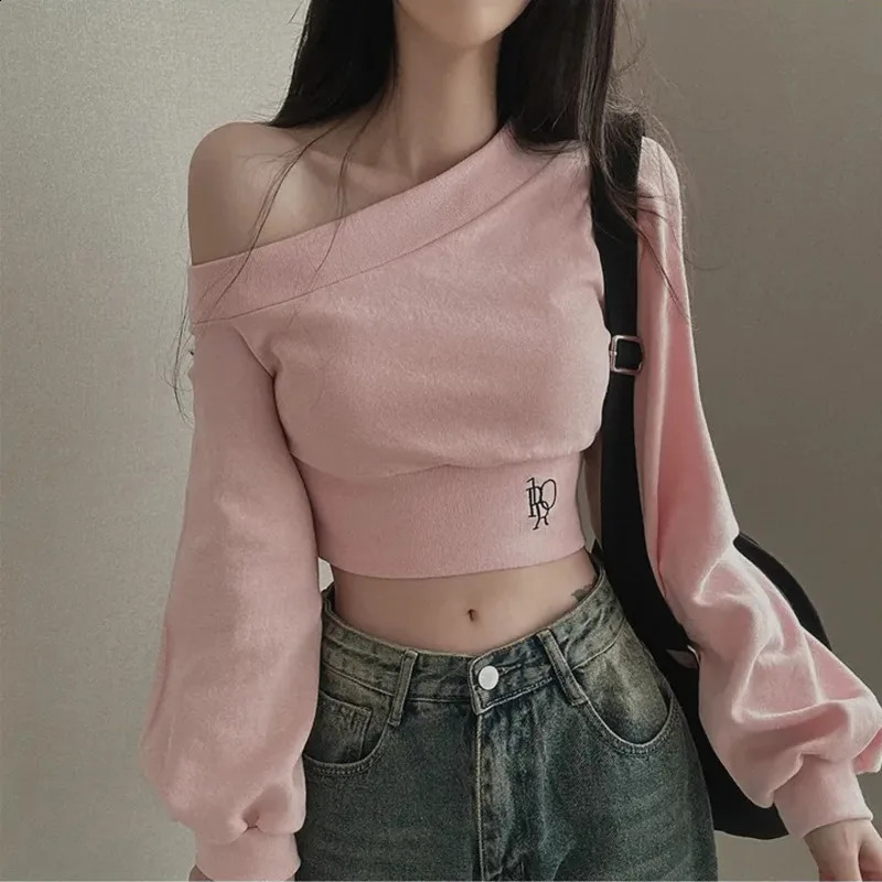 Autumn Irregular Skeleton Collar Hoodie Womens Sexy Fashion Sportswear Long Sleeve Puff Short Solid Ultra Thin Pullover Top 240827