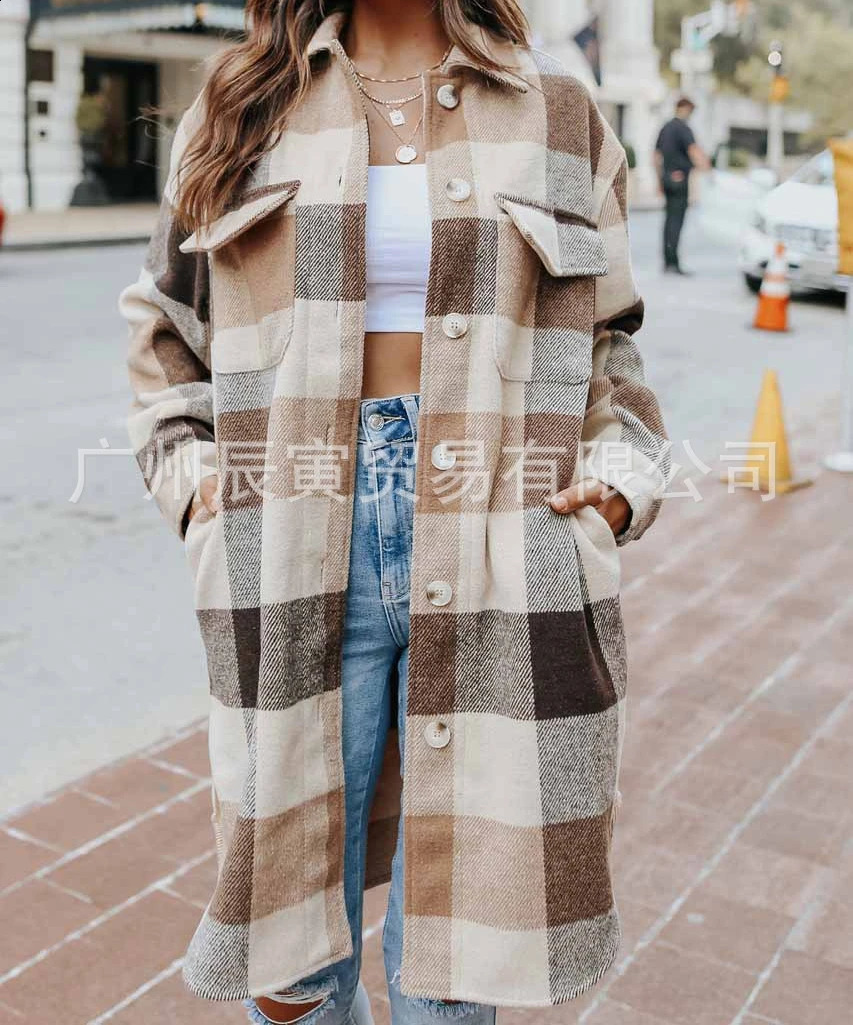 Plain weave jacket womens wool long coat autumn blend classic Tatar Y2k jacket with pockets Y2k Maxi windproof jacket 240828
