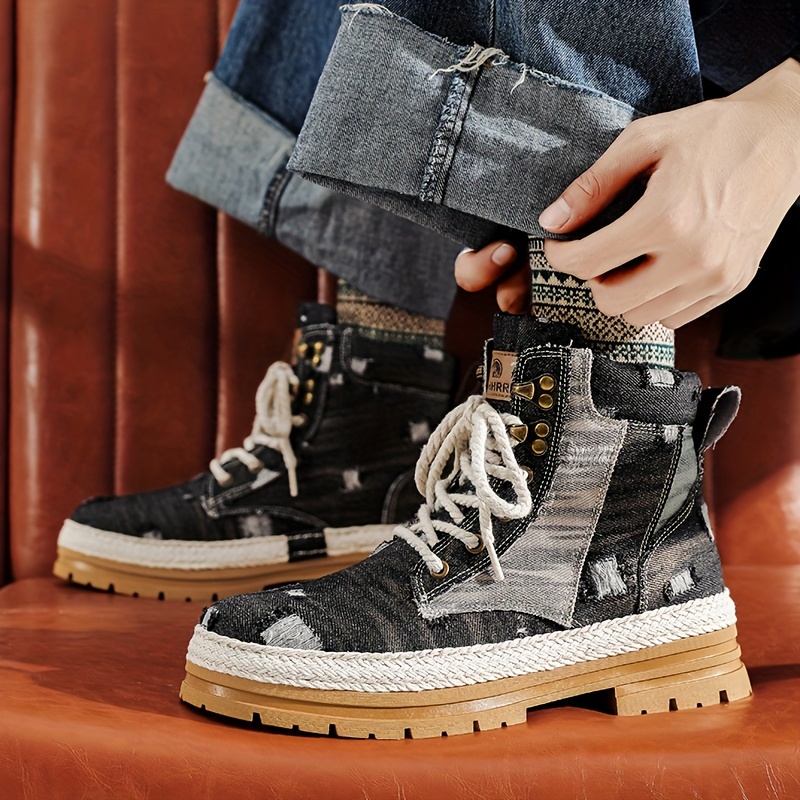Mens Ripped Lace-Up Denim Fabric Ankle Boots Fashionable Walking Shoes, Breathable and Comfortable - Lightweight, Breathable, Suitable for Daily Wear