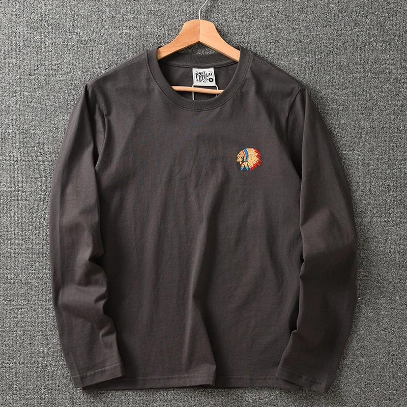 Autumn American Retro Long sleeved Oneck Embroidered Tshirt for Mens Fashion Simple 100% Cotton Laundry Casual Sports Top 240828