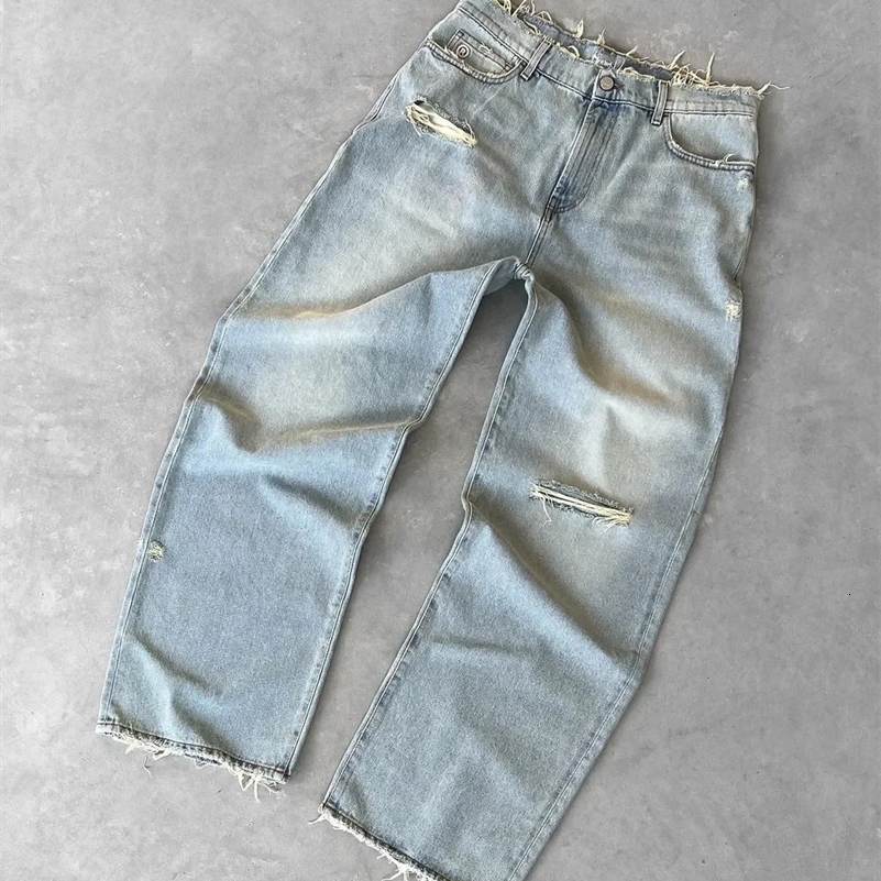 Mens Retro Blue Baggy Jeans High Waist Wide Leg Trousers Streetwear Y2K Hip Hop Embroidery 7 Dice Graphic y240828
