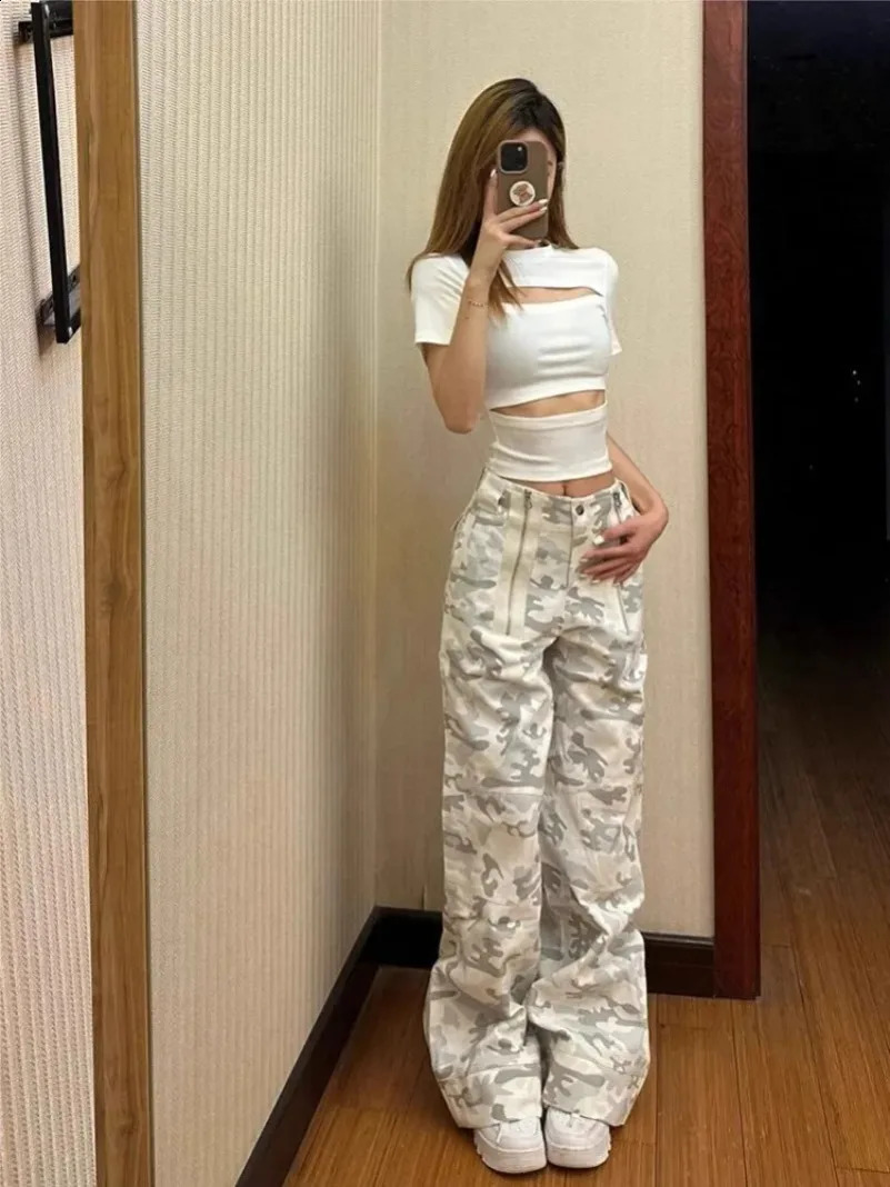 American Retro Camouflage Cargo Pants Y2k EGirl High Waist Straight Jeans Sumemr Loose Wide Legs 240829