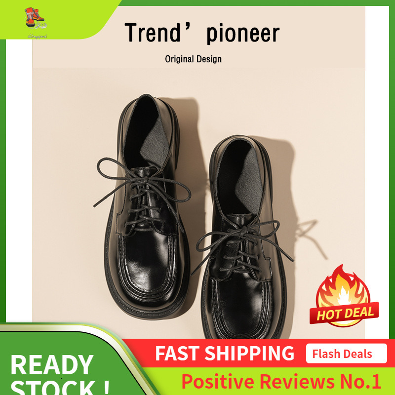 Ddmysports Spring New Black Lace Up Small Leather Academy Style Thick Eel Le Fu Shoes Versatile Can Step On And Wear Twice OUTDOOR
