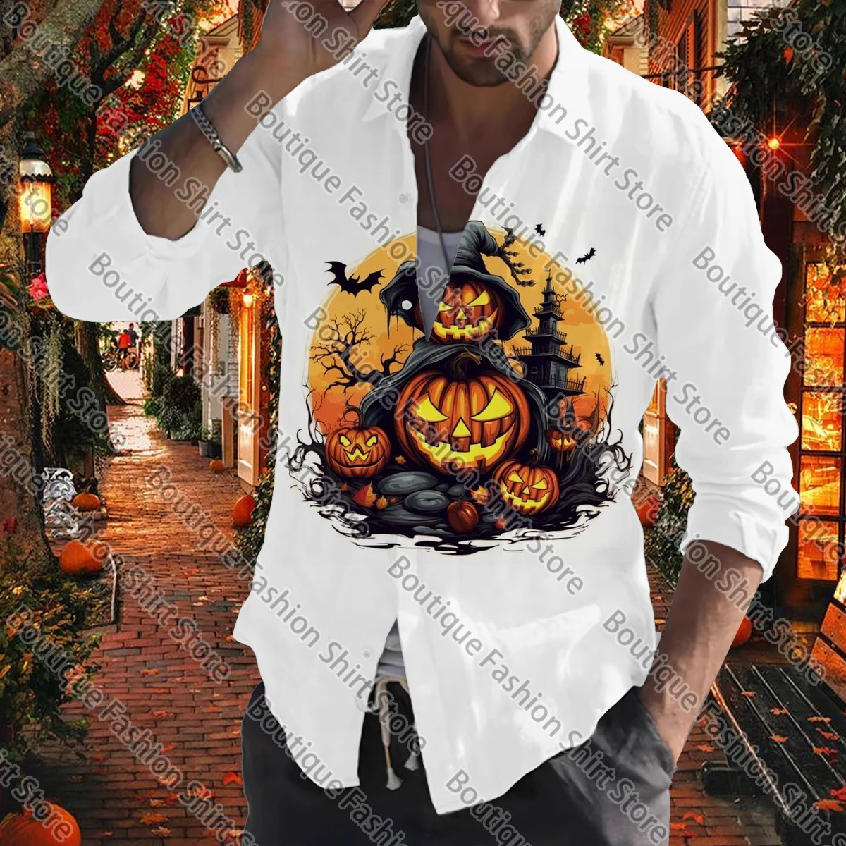 Halloween mens autumn and winter mens clothing sleeping button lapel soft and comfortable street outdoor party top 240829