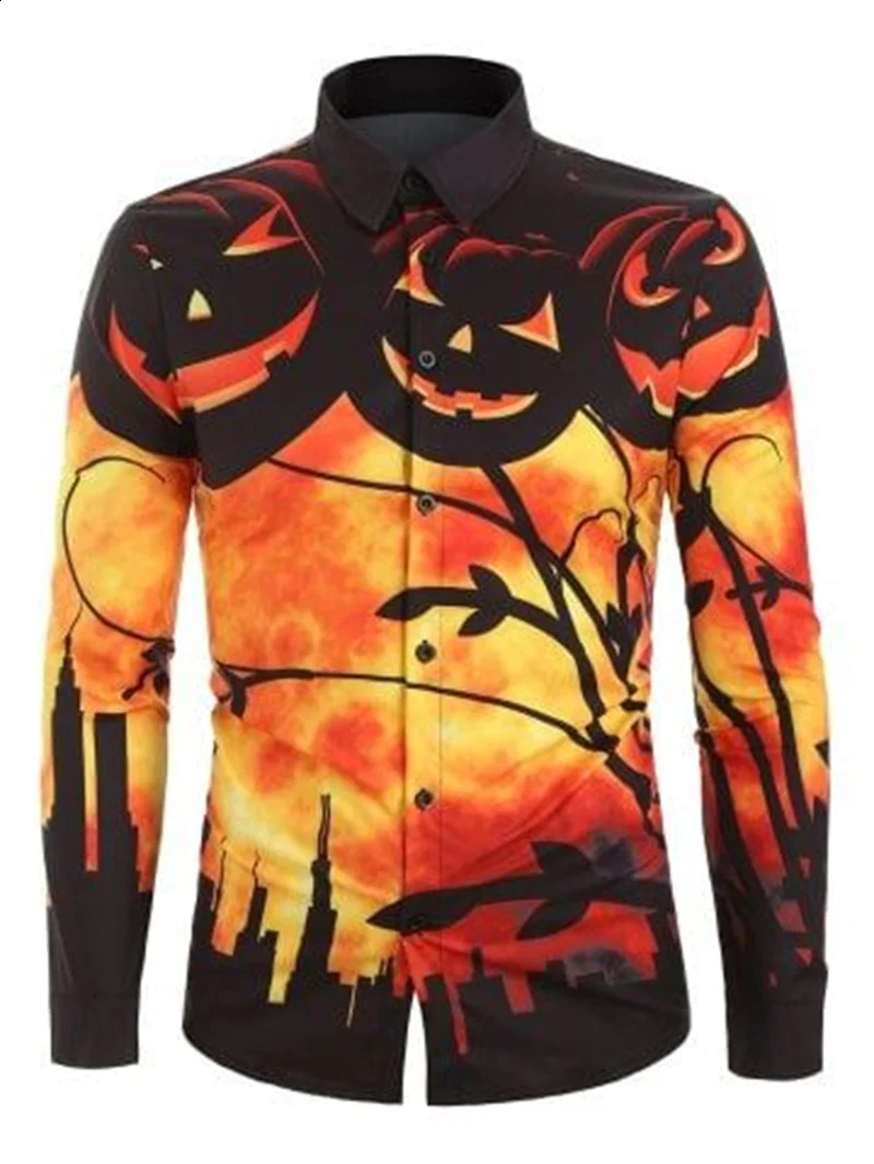 Halloween long sleeved mens pumpkin head printed shirt trend party costume mens street casual long sleeved top 240829