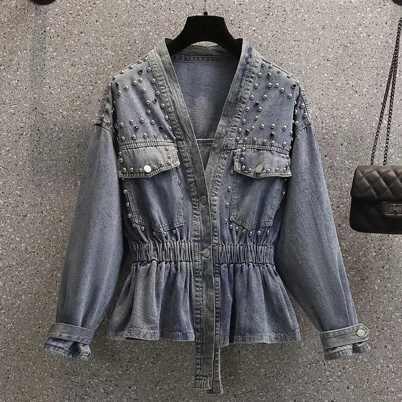 Denim Jacket for Women Studded Spring Autumn Cinched Waist Blue Woman Jean Coat Slim Outerwear on Sale Vintage Original Deals 240828