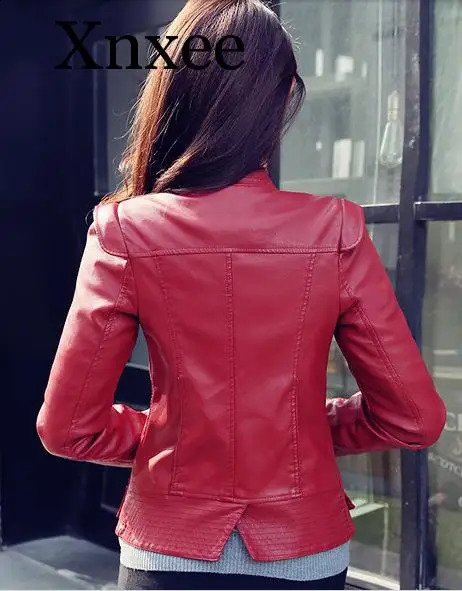 burgundy Women Pu Leather Short Slim Jacket Round Neck Zipper Coat Female Outerwear Fashion Jacke M-2XL red slim coat moto 240828