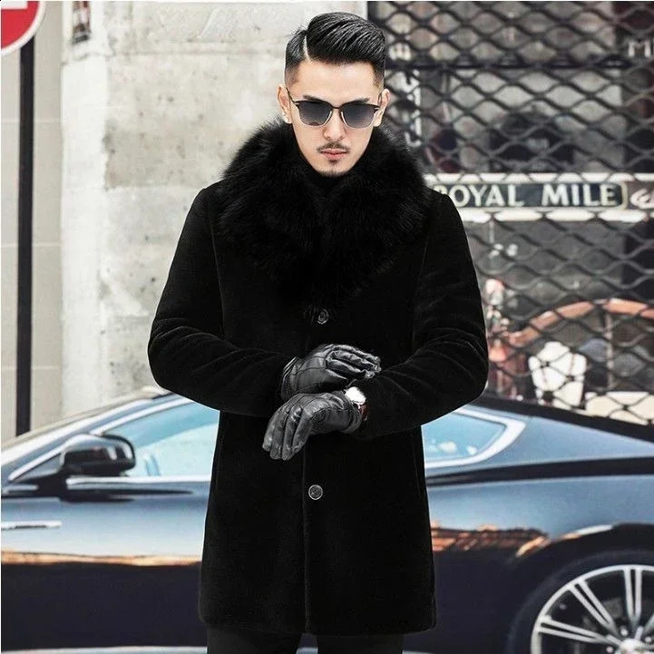 Mens black faux fur collar jacket button long sleeved winter oversized warm mens windbreaker Xxl 240828