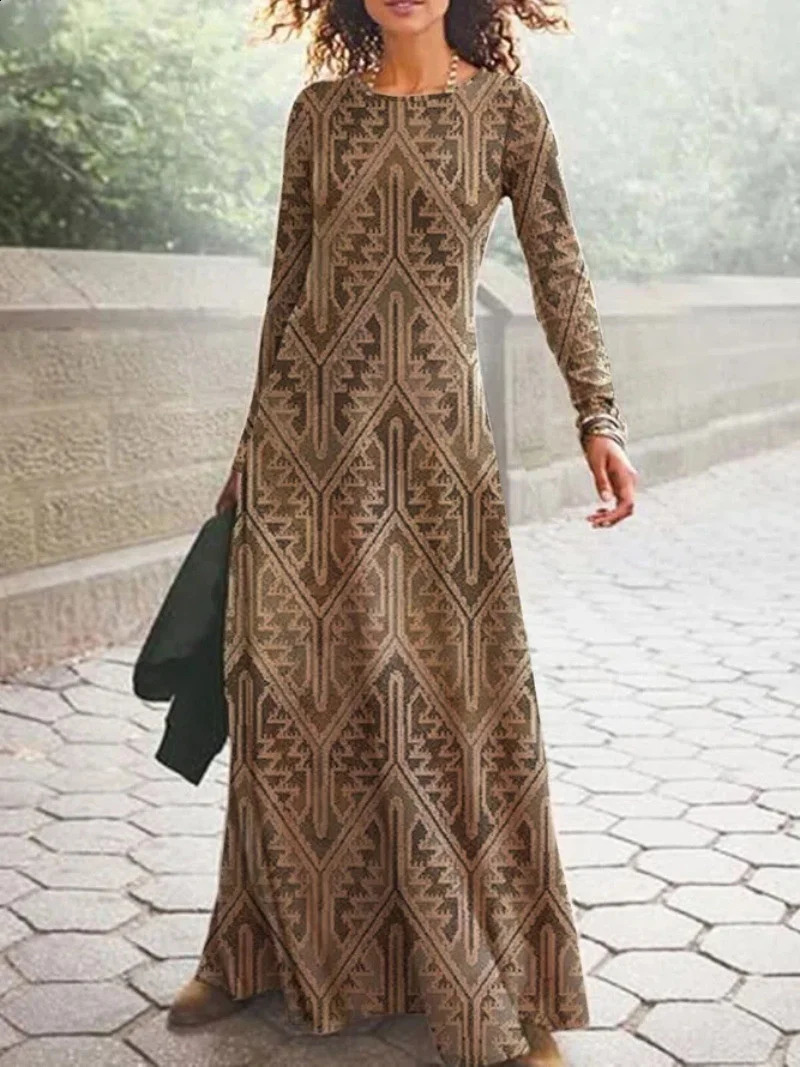 Womens Retro Bohemian 3D Geometric Printed Dress AutumnWinter Oneck Long Sleeve Loose Waist Robe 240828