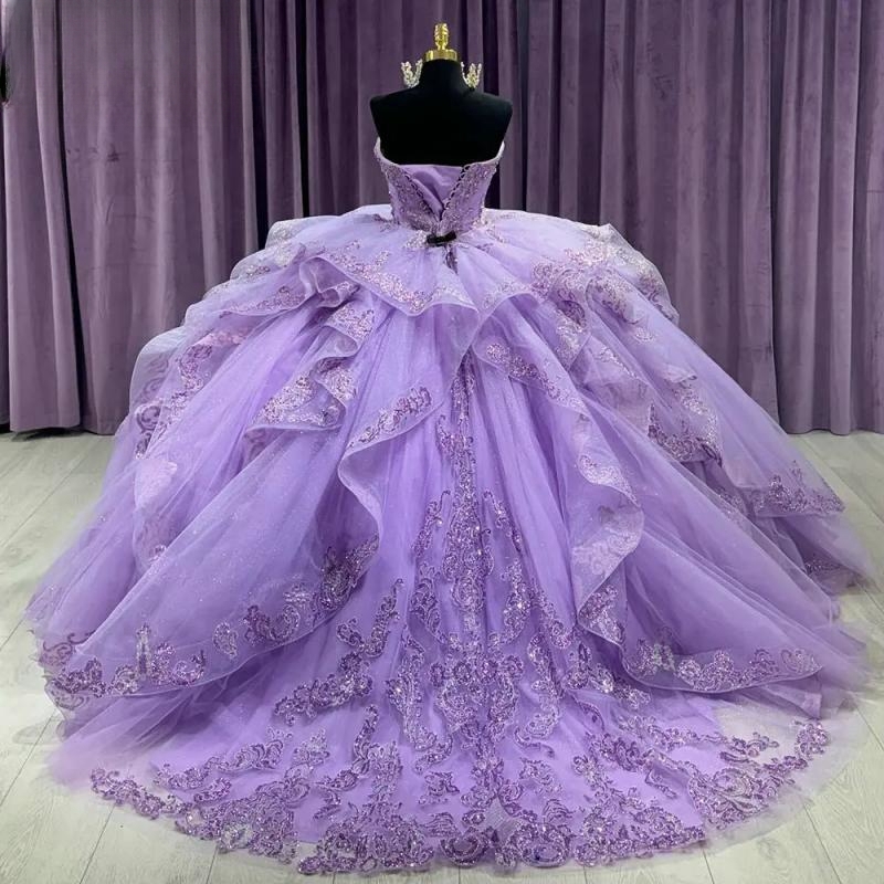 Lilac Sweetheart Ruffles Ball Gown Quinceanera Dresses Sequined Appliques Lace Beads Tull Corset Vestidos De 15 Anos Sweet 16 Dress