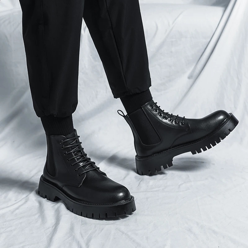 Boots Big Head Leather Autumn and Winter High Top Lacing Thick Sole Durable European Black Sizes 38-44 Men Shoes 240828