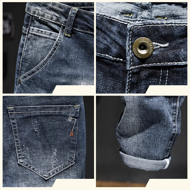 Frayed Stretch Jeans Mens Ripped Korean Fashion Slim Casual Elastic Holey Vintage Small Feet Denim Trousers 240826Z