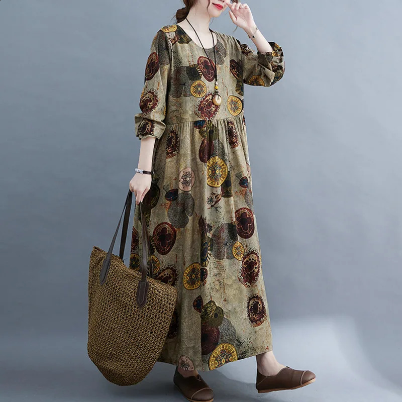 Wxw3303 vintage long skirt womens sleeved Oneck printed Aline dress loose ankle spring and autumn 240828