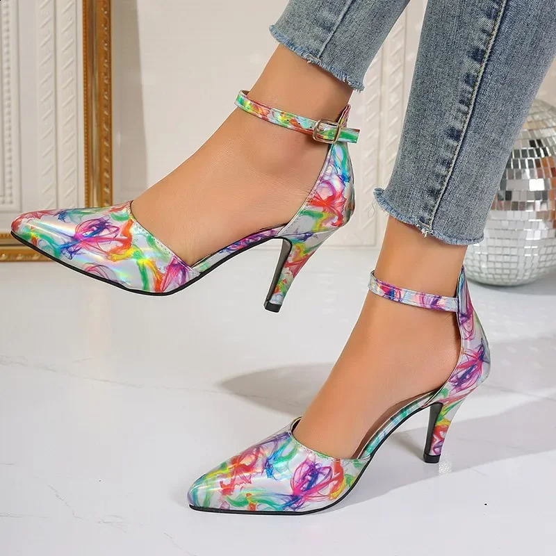 Womens shoes fashion ankle strap womens pump spring point toe light mixed color button dress slim high heels or thin high heels 240827