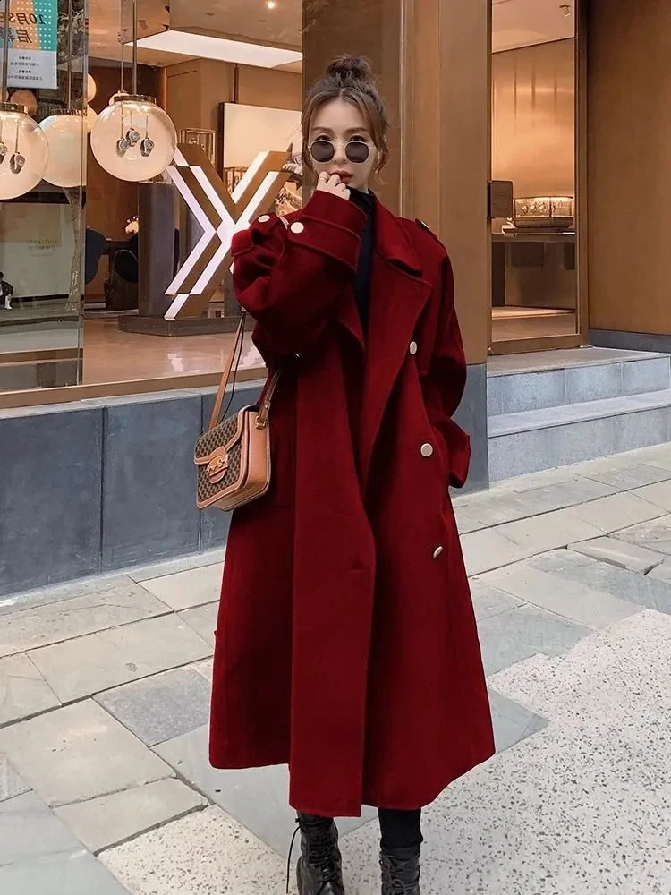 Advanced wool coat womens autumn winter button double-layer breathable long sleeved mid length knee length wool coat 240828