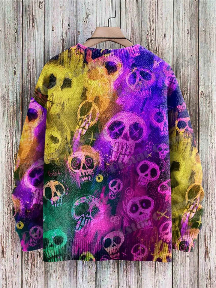Halloween Skeleton Rainbow Art Pattern 3D Printing Mens Knitted Pullover Winter Neutral Casual Knitted Pullover Sweater ZZM133 240829