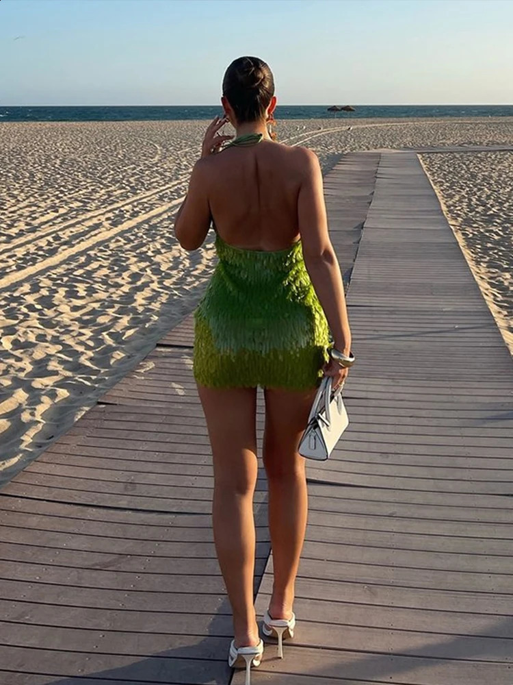 Green Sequin Backless Mini Dress Women Sexy Halter Deep V-neck Sleeveless Party Short Dresses Lady Evening Clubwear 240828