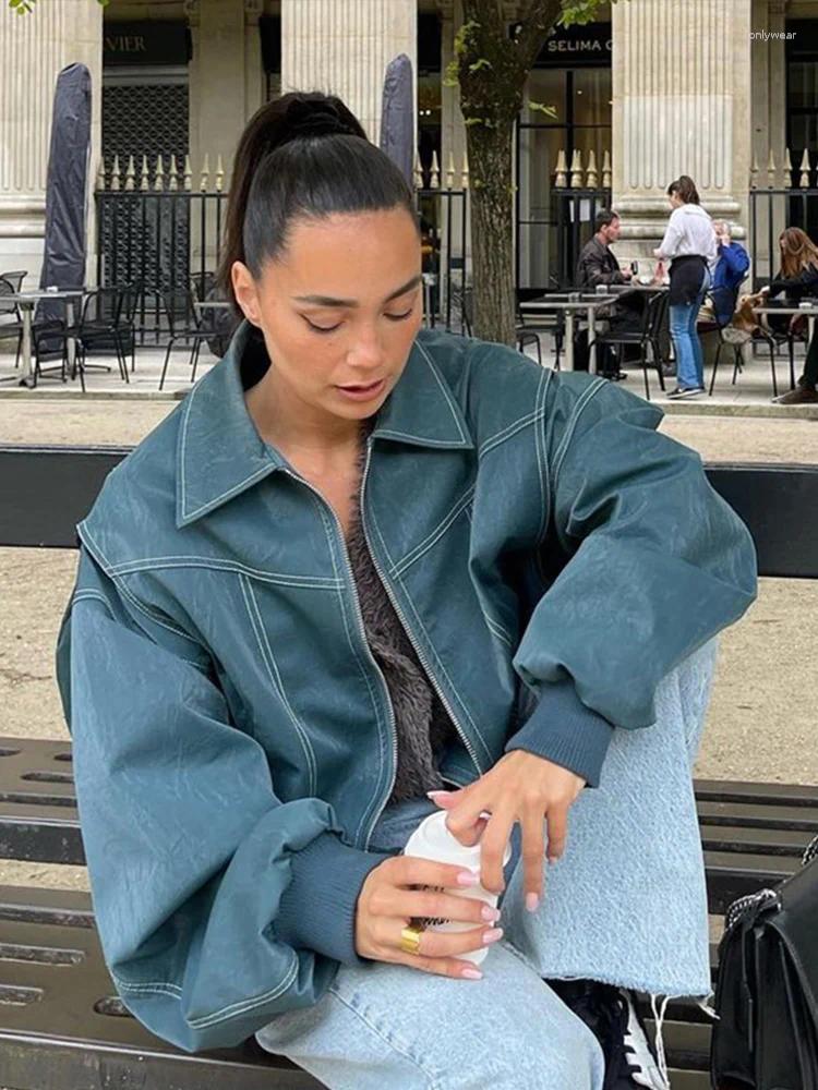 Women's Jackets Women Zipper Leather Bomber Coats Oversized Contrast Stitch Lapel Long Sleeve Jacket Motorcycle Autumn Outwear Tops