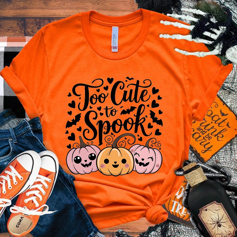 The Halloween pumpkin is too cute to make people shudder. Womens printed T-shirt summer T-shirt Harajuku casual round neck short sleeved shirt 240829