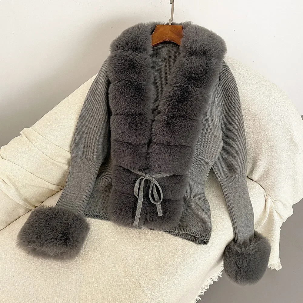 Luxury Fur Cardigan Knitted Winter Sweater Womens Elegant Detachable Leather Belt White Pink Black 240828 - view 3