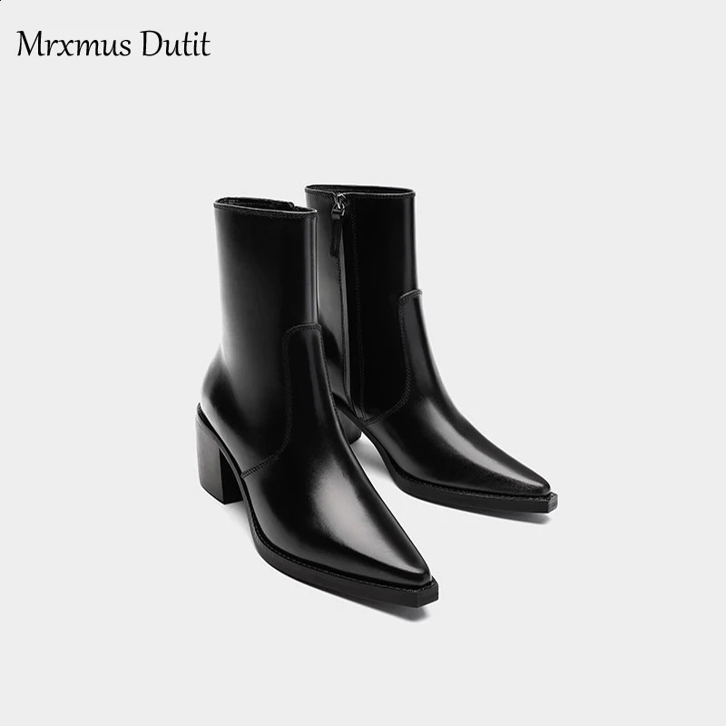 Mrxmus Duty Womens Autumn and Winter Leather Coarse Toe Pointed Boots Simple Fashion Shoes Womens Fashion Shoes 240827