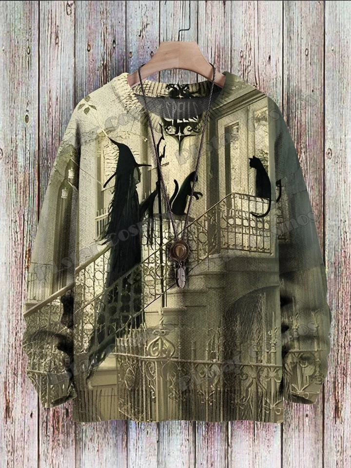 Halloween wizard crow retro art pattern 3D printing mens knitted floral winter unisex casual knitted floral sweater ZZM125 240829