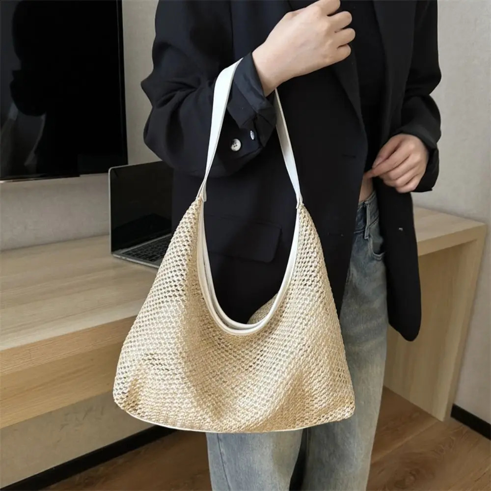 Purses Woven Bag Casual Bucket Straw Underarm Large Capacity Solid Color Shoulder Women y240828