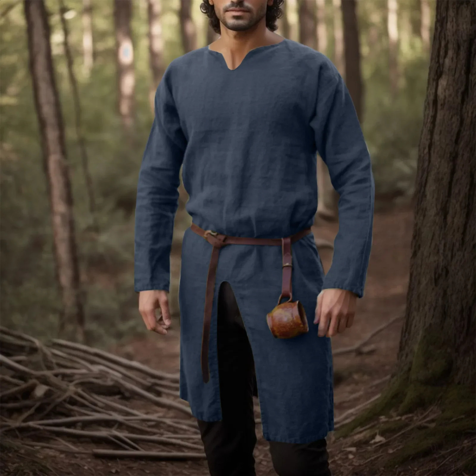 Medieval Renaissance Retro Linen Shirt Top Tuned Mens Long Dress Retro Jacket Knight Viking Pirate Role Playing Costume 240828