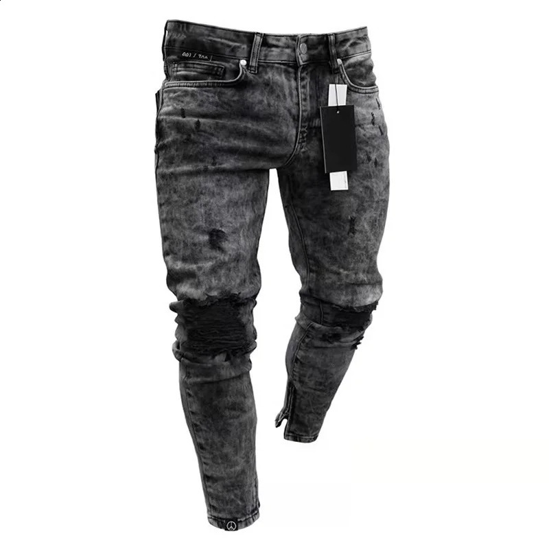Men European American Style High Street Ripped Hip Hop Stylish Skinny Jeans High Quality Holes Casual Cotton Pencil Denim Pants 240829