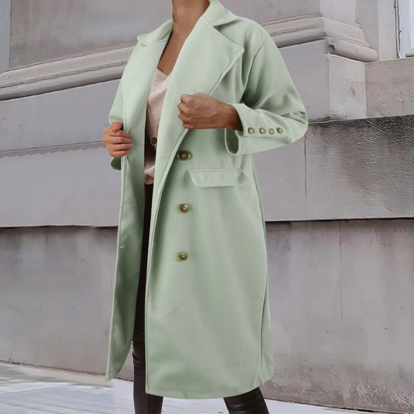 Autumn and winter wool coat womens long sleeved double chest slim fit slotted coat womens solid lapel long coat 240828
