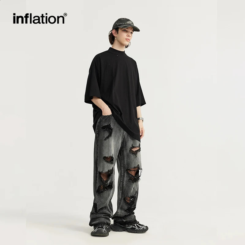 INFLATION Washed Ripped Distressed Jeans Men Streetwear Hip Hop Holes Denim Pants 240828