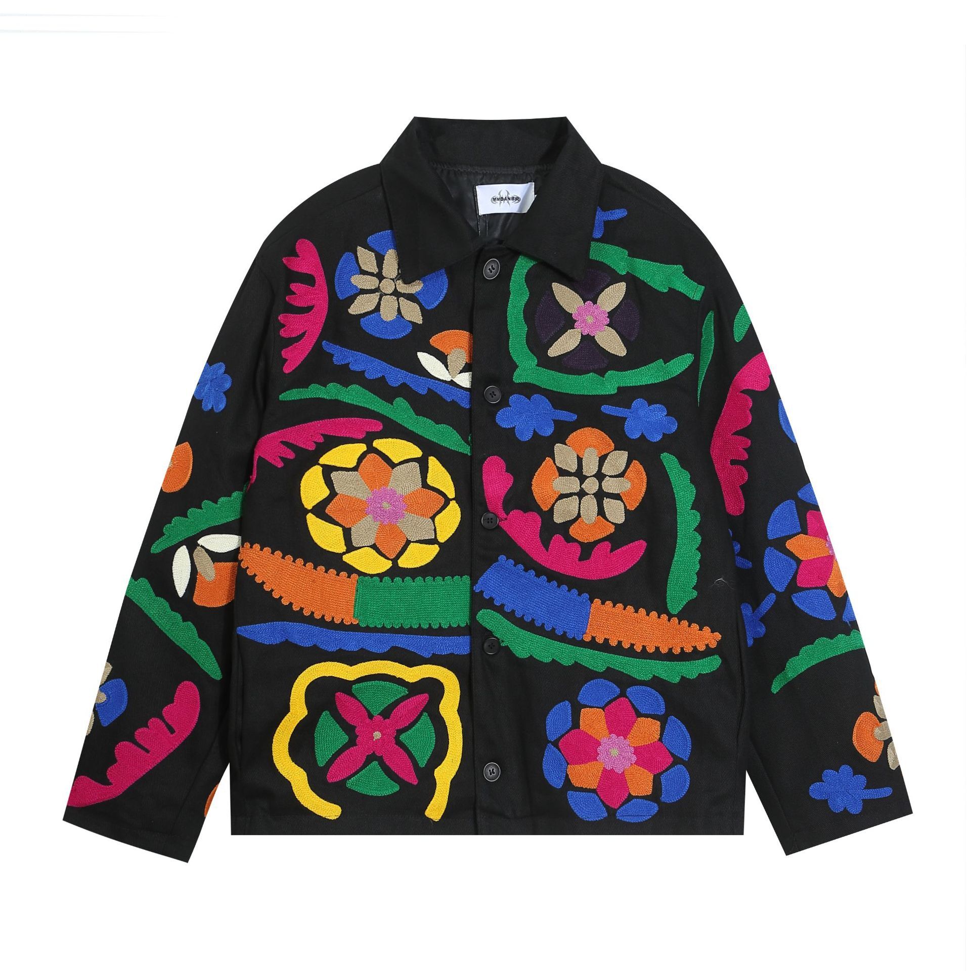 American Flower Totem Embroidery Collar Jacket for Men and Women Loose Couple Casual Jacket Trendy