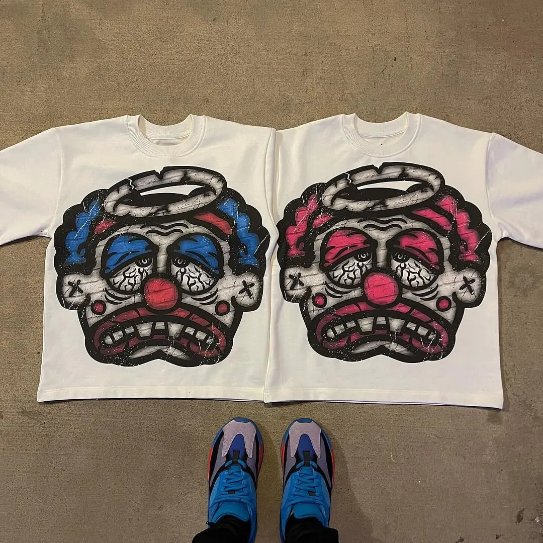 Streetwear T Shirt Hip Hop Cartoon Clown Graphic Print Oversized Mens and Womens Retro Crew Neck Cotton Short Sleeve Top 240829