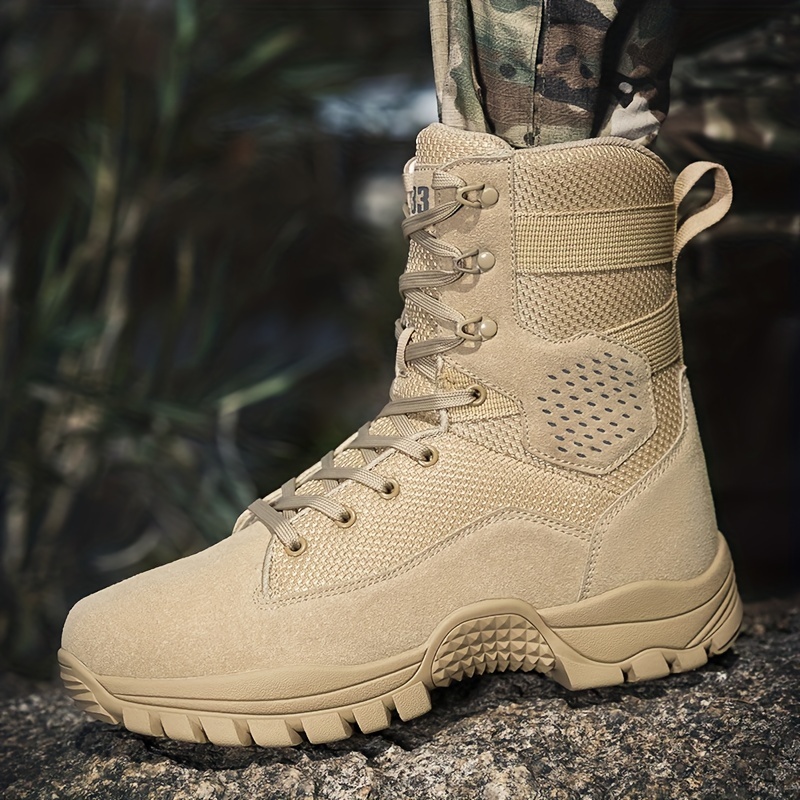 Men's solid color high top tactical work boots - waterproof, non-slip, comfortable, breathable, durable for outdoor hiking activities, rubber sol