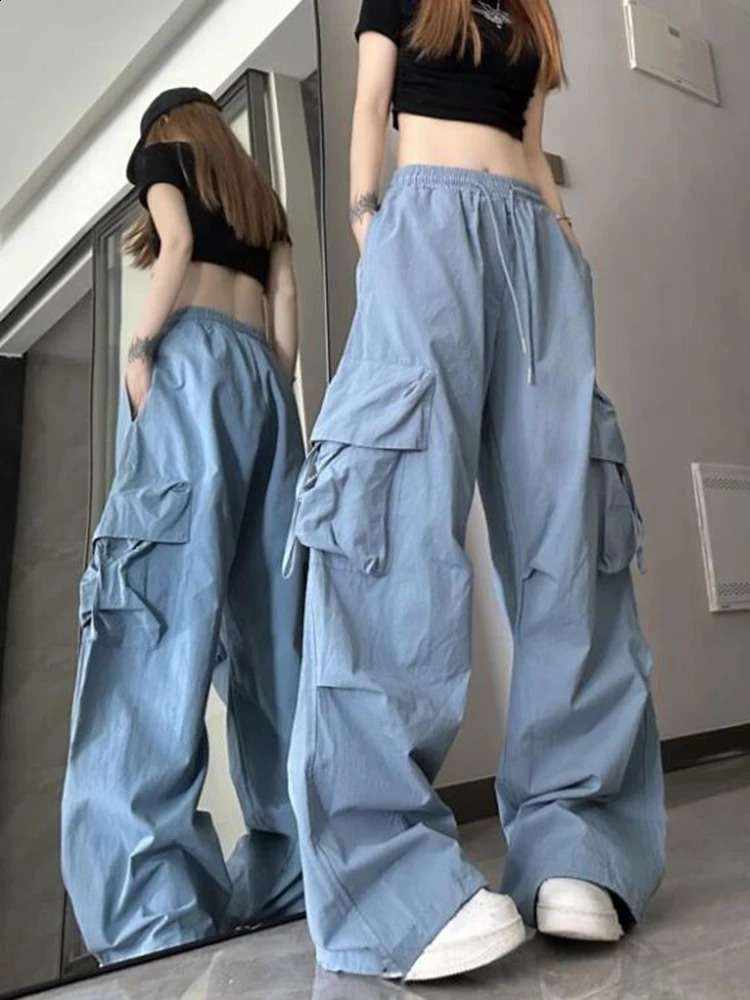 Zoki Hip Hop Y2K cargo pants womens streetwear Harajuku large pocket casual mens loose high waisted n solid 240827