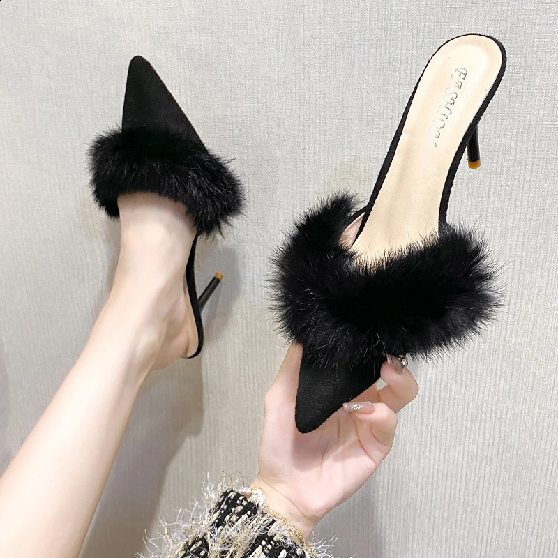 Kitten heel flip summer shoes womens clip on slippers womens fur and mule shoes elegant midsole sandals women 240827