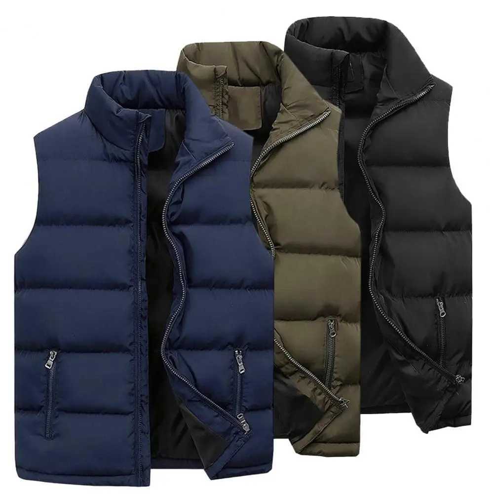 Men Vest Jacket Solid Color Sleeveless Coat Stand Collar Zipper Cotton Padded Thicken Straight Waistcoat Men StreetwearXJ241221