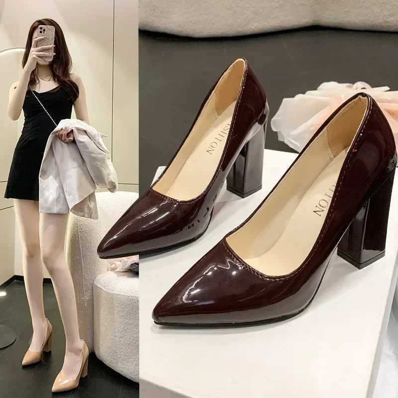 High Quality Square Heels Pumps Womens Shoes Patent Leather Sexy Wedding Party Official Casual Super Size Szie T241024