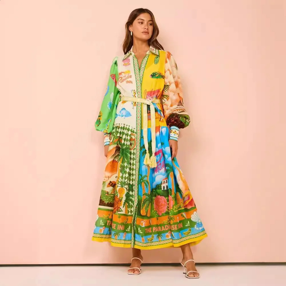 Single Chest Long Lantern Sleeve Graffiti Printed Tie Waist Dress Pleated Square Necklace Sleeves Mid