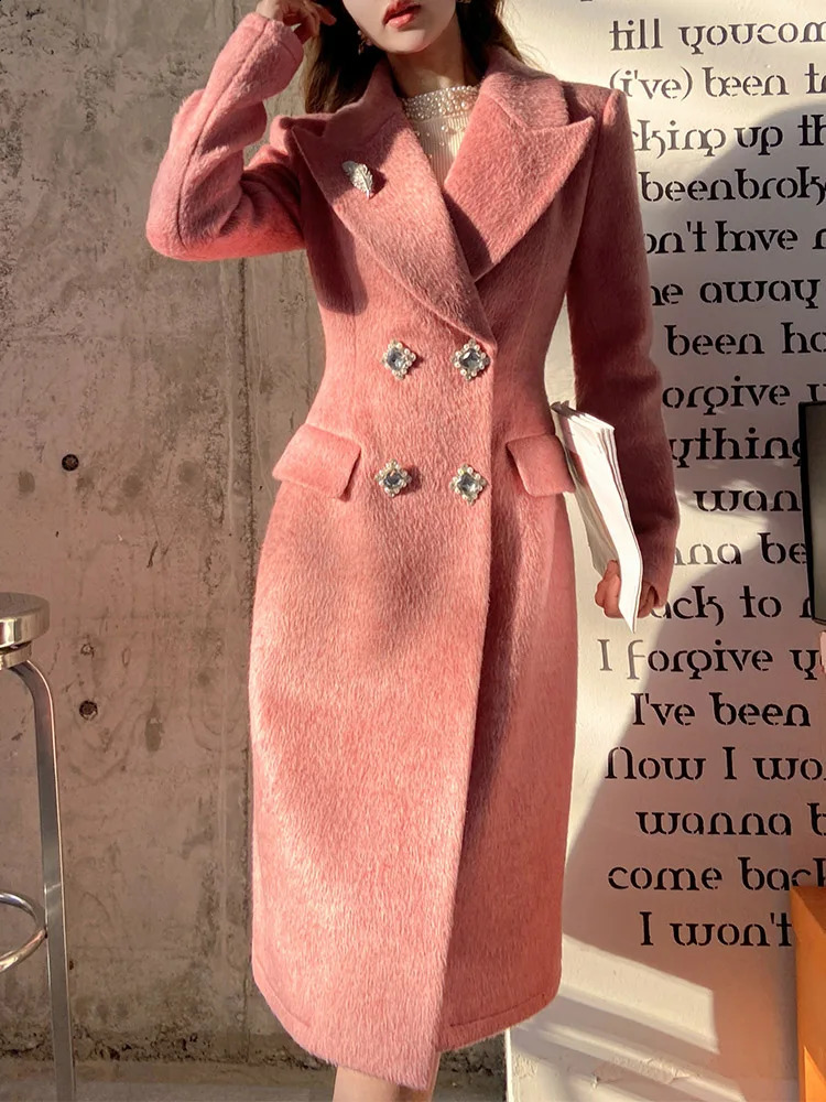 Dabuwawa notch double-sided wool long coat womens Epaulet double chest jacket elegant coat ACGN DM1DCO017 240828