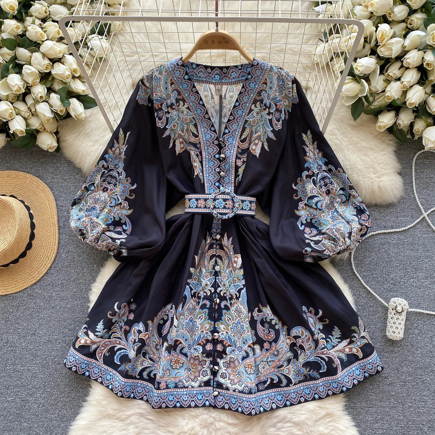 French printed Vtie with puff sleeves long sleeved single chest dress Aline casual womens clothing autumn and spring Vestido 240828