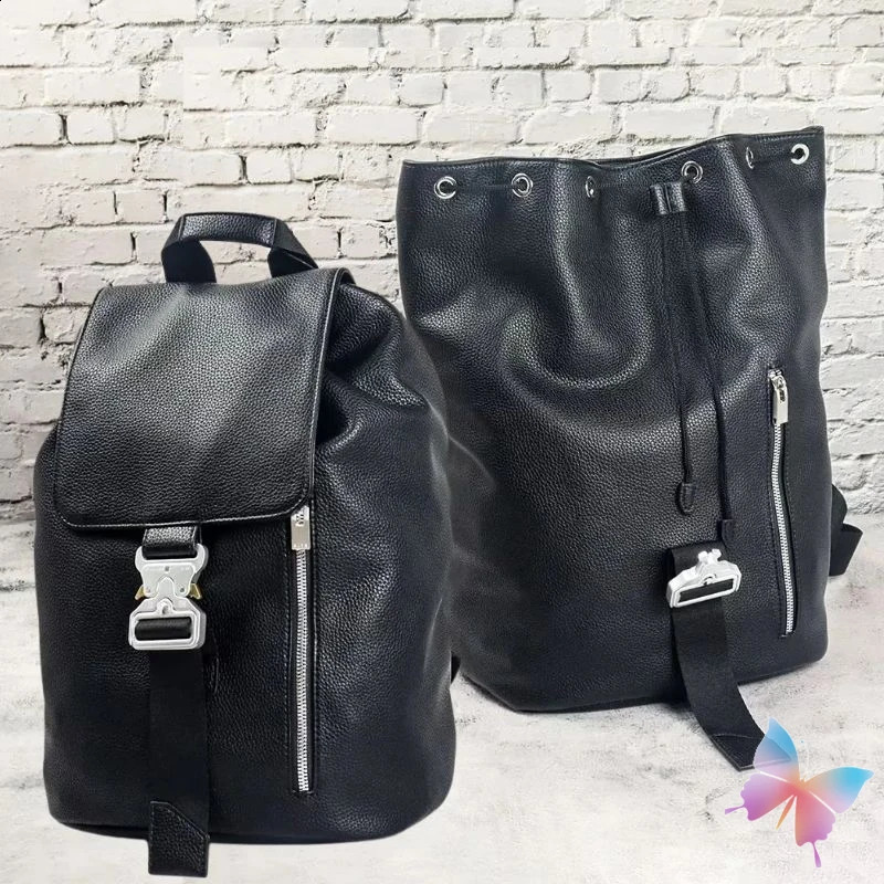 Unisex 1017 ALYX 9SM PU Faux Leather Fabric Flap Drawstring Bucket Bag Functional Tactical Buckle Black Outdoor Travel Backpack 240829