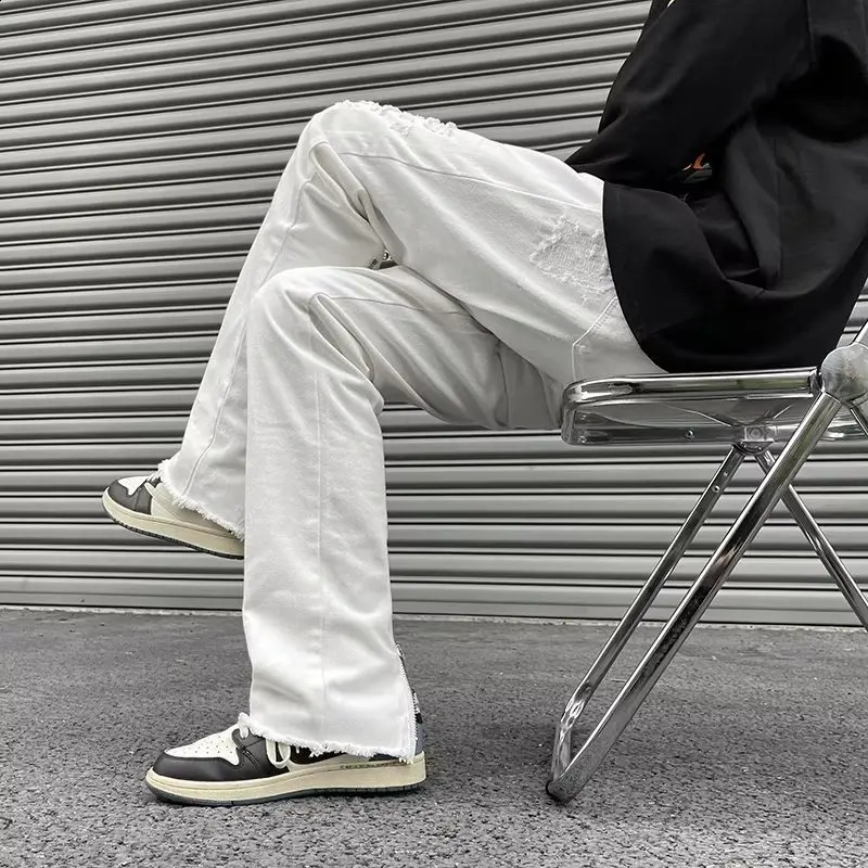 Y2K Streetwear Zipper Black Ripped Stacked Jeans Pants For Men Clothing Straight Hip Hop Goth Long Trousers Pantalon Homme 240828
