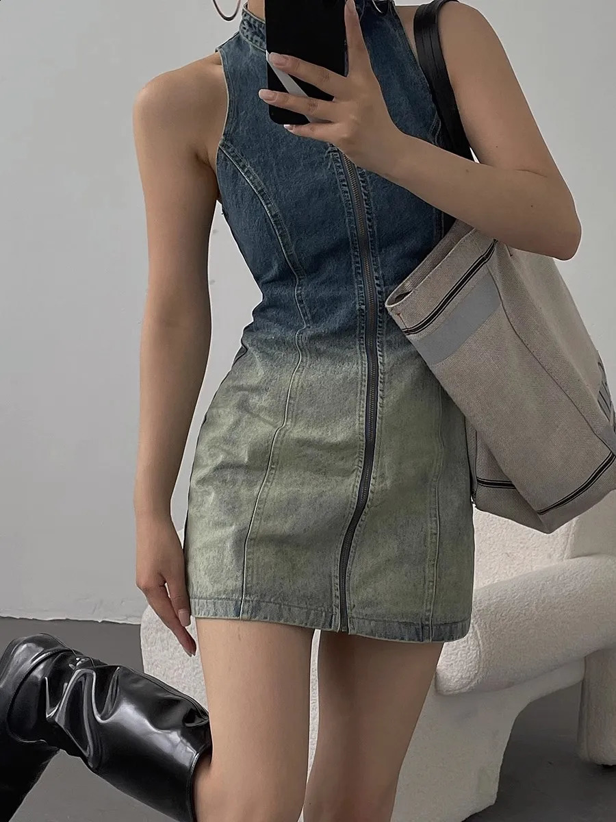 Sexy Women Vintage Zipper Denim Dress Turtleneck Sleeveless Dress Party Celebrity Bodycon Vestidos 240828
