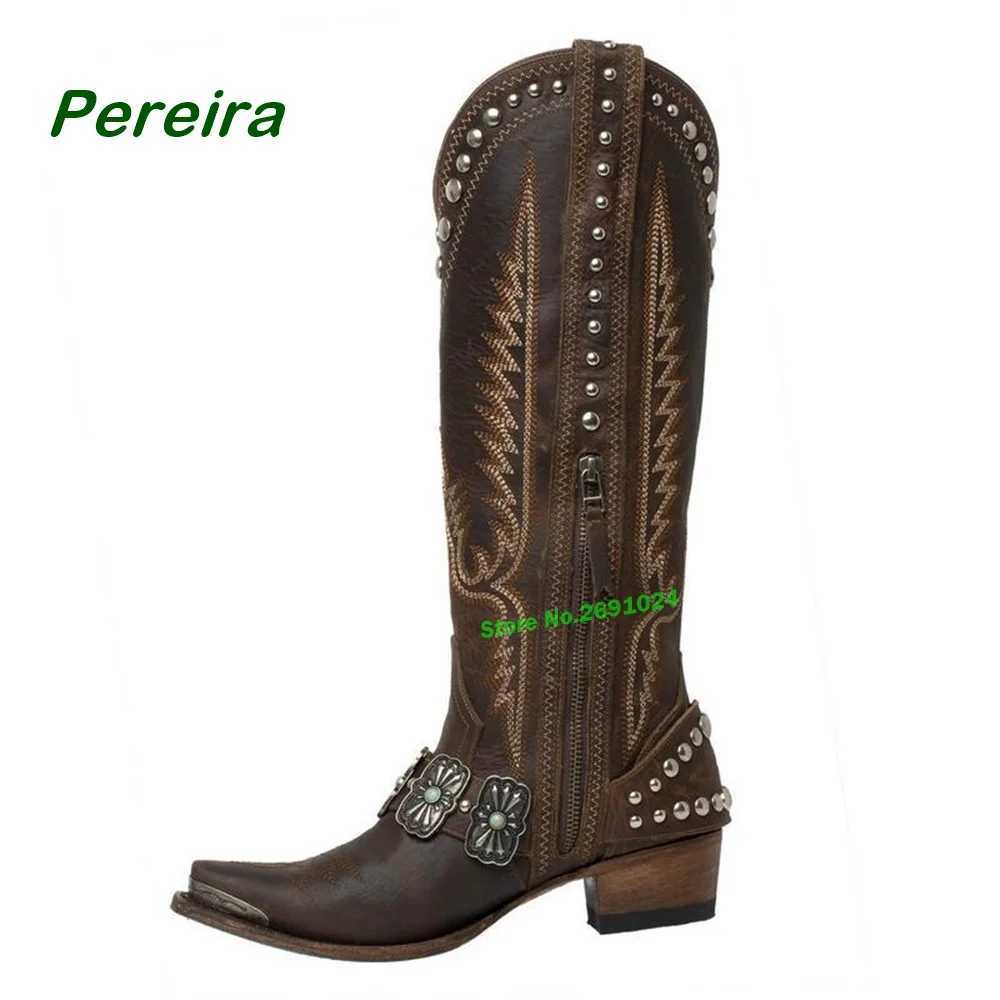 Embroidered Cowboy Square Toe Chunky Heels Metal Decorative Knee Boots Casual Winter Latest Size 46 Womens Y240829IEN2