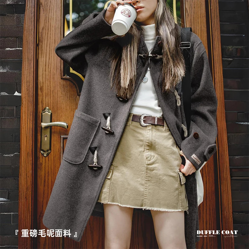 Maden womens medium length British wool coat horn button wool coat autumn winter 240828