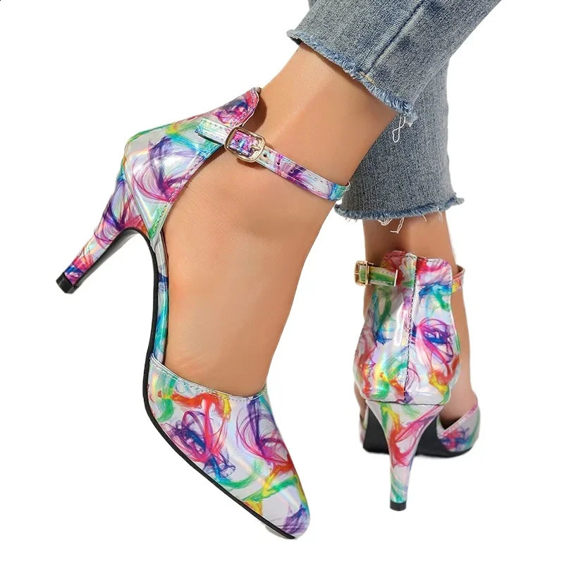 Womens shoes fashion ankle strap womens pump spring point toe light mixed color button dress slim high heels or thin high heels 240827
