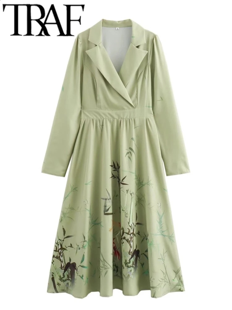 TRAF Womens Fashion Bamboo Leaf Printed Temperature Long Sleeve Dress Casual Slimming Midi Vestidos 240828